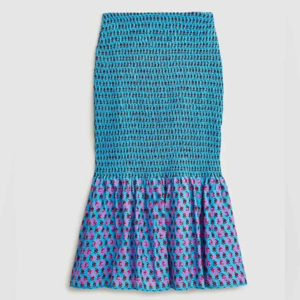 J. Crew Blue and Pink Ruffled Trumpet Midi Skirt